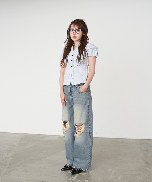 RAY CASSIN(レイカズン)の「【S・Mサイズ展開 】ダメージ折り返しワイドデニムパンツ(デニムパンツ・レディース・ブラック/スカイブルー/ブルー/ブルー系その他2・S/M)」の10枚目の写真
