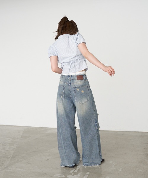 RAY CASSIN(レイカズン)の「【S・Mサイズ展開 】ダメージ折り返しワイドデニムパンツ(デニムパンツ・レディース・ブラック/スカイブルー/ブルー/ブルー系その他2・S/M)」の11枚目の写真