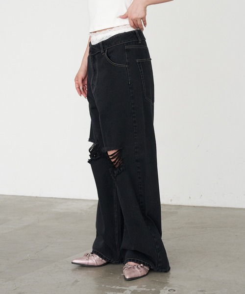 RAY CASSIN(レイカズン)の「【S・Mサイズ展開 】ダメージ折り返しワイドデニムパンツ(デニムパンツ・レディース・ブラック/スカイブルー/ブルー/ブルー系その他2・S/M)」の14枚目の写真