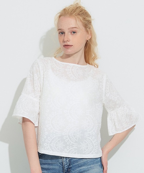 coca(coca)(コカ)の「コットンレースフレアスリーブトップス(Tシャツ/カットソー・レディース・ホワイト/ライトグリーン・L/M/S)」の2枚目の写真