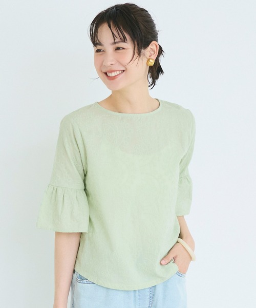 coca(coca)(コカ)の「コットンレースフレアスリーブトップス(Tシャツ/カットソー・レディース・ホワイト/ライトグリーン・L/M/S)」の1枚目の写真