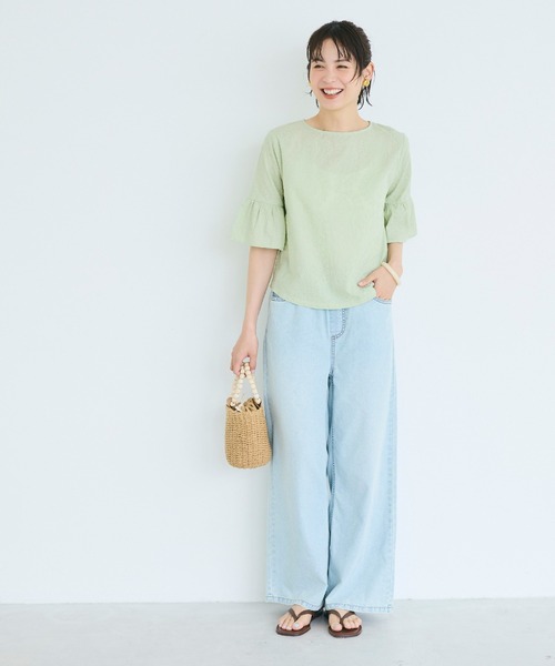 coca(coca)(コカ)の「コットンレースフレアスリーブトップス(Tシャツ/カットソー・レディース・ホワイト/ライトグリーン・L/M/S)」の9枚目の写真