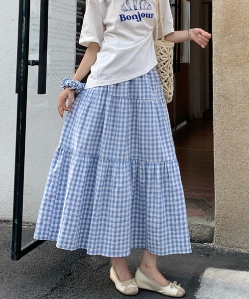 AMAJI(アマジ)の「チェック柄 Aライン ミモレ丈 スカート(スカート・レディース・ブルー・FREE)」の2枚目の写真
