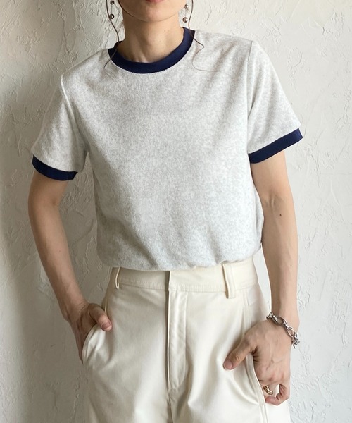 She's Closet(シーズクローゼット)の「ショート丈 バイカラー配色 半袖 パイル地 Tシャツ トップス(Tシャツ/カットソー・レディース・オートミール/ピンク/ブルー/ネイビー・FREE)」の3枚目の写真