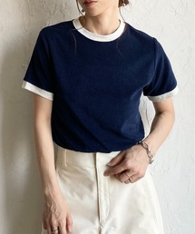 ショート丈 バイカラー配色 半袖 パイル地 Tシャツ トップス