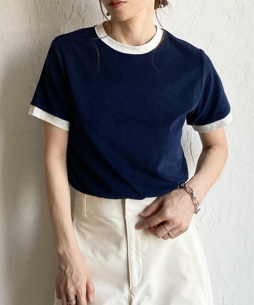 She's Closet(シーズクローゼット)の「ショート丈 バイカラー配色 半袖 パイル地 Tシャツ トップス(Tシャツ/カットソー・レディース・オートミール/ピンク/ブルー/ネイビー・FREE)」の4枚目の写真
