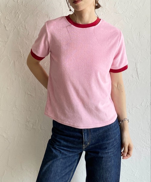She's Closet(シーズクローゼット)の「ショート丈 バイカラー配色 半袖 パイル地 Tシャツ トップス(Tシャツ/カットソー・レディース・オートミール/ピンク/ブルー/ネイビー・FREE)」の2枚目の写真