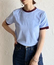 ショート丈 バイカラー配色 半袖 パイル地 Tシャツ トップス