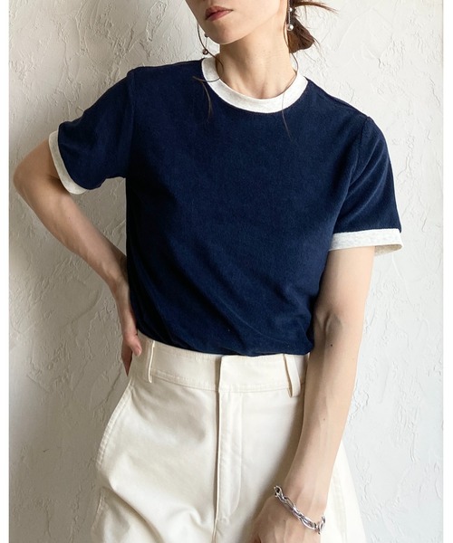 She's Closet(シーズクローゼット)の「ショート丈 バイカラー配色 半袖 パイル地 Tシャツ トップス(Tシャツ/カットソー・レディース・オートミール/ピンク/ブルー/ネイビー・FREE)」の18枚目の写真