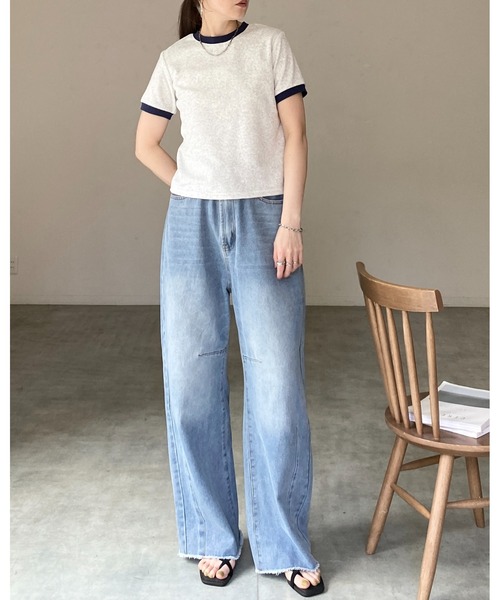 She's Closet(シーズクローゼット)の「ショート丈 バイカラー配色 半袖 パイル地 Tシャツ トップス(Tシャツ/カットソー・レディース・オートミール/ピンク/ブルー/ネイビー・FREE)」の22枚目の写真