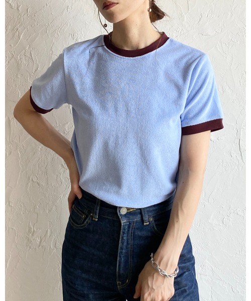 She's Closet(シーズクローゼット)の「ショート丈 バイカラー配色 半袖 パイル地 Tシャツ トップス(Tシャツ/カットソー・レディース・オートミール/ピンク/ブルー/ネイビー・FREE)」の12枚目の写真