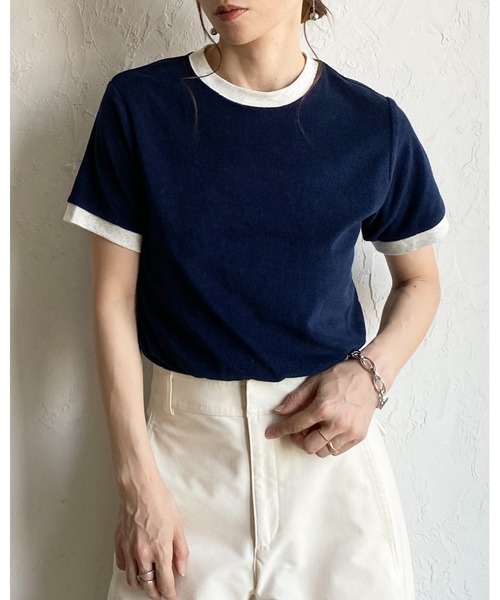She's Closet(シーズクローゼット)の「ショート丈 バイカラー配色 半袖 パイル地 Tシャツ トップス(Tシャツ/カットソー・レディース・オートミール/ピンク/ブルー/ネイビー・FREE)」の13枚目の写真