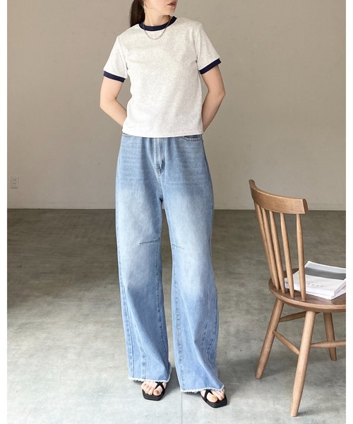 She's Closet(シーズクローゼット)の「ショート丈 バイカラー配色 半袖 パイル地 Tシャツ トップス(Tシャツ/カットソー・レディース・オートミール/ピンク/ブルー/ネイビー・FREE)」の16枚目の写真