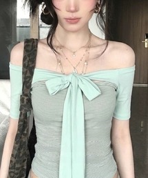 【一枚でレイヤード完成】リボン付きオフショルフェイクレイヤードトップス