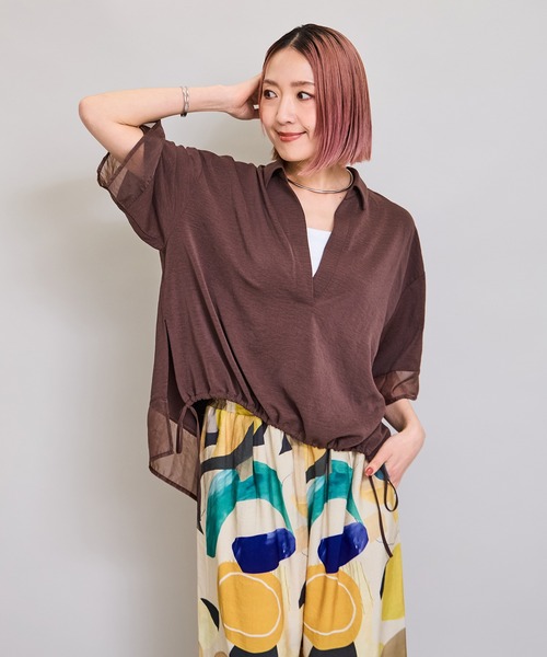 LHELBIE（レルビエ）の「シアーミックススキッパーシャツ（シャツ/ブラウス・レディース・ブラウン/オフホワイト/ブラック/チャコールグレー・M）」の14枚目の写真