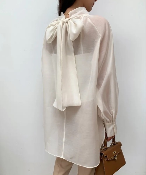 BIRTHDAY BASH（バースデイバッシュ）の「2way SHEER RIBBON BLOUSE（2wayシアーリボンブラウス）（Tシャツ/カットソー・レディース・アイボリー/ブラック/ブルー・FREE）」の7枚目の写真