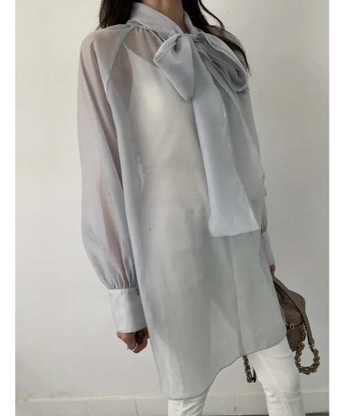 BIRTHDAY BASH（バースデイバッシュ）の「2way SHEER RIBBON BLOUSE（2wayシアーリボンブラウス）（Tシャツ/カットソー・レディース・アイボリー/ブラック/ブルー・FREE）」の10枚目の写真