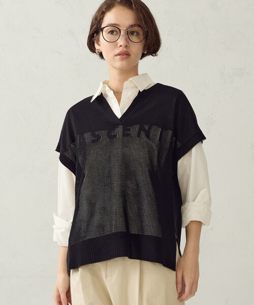 COMME CA ISM(コムサイズム)の「ロゴメッシュ スキッパーニット(ニット/セーター・レディース・ブラック/アイボリー/ブラウン・FREE)」の1枚目の写真