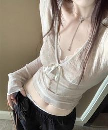 レース V ネック前リボンシャーリングシアーロングスリーブトップス