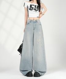 ウォッシュド クラッシュ加工 ワイドデニムパンツ