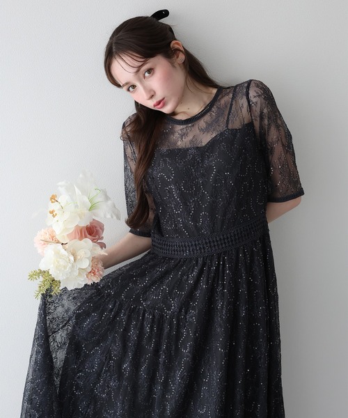 BLUEEAST(ブルーイースト)の「スパンコール刺繍レースドレス 結婚式 成人式 二次会 同窓会 セレモニー パーティードレス オケージョンドレス お呼ばれ(ドレス・レディース・ブラウン/チャコールグレー・LARGE/MEDIUM/SMALL)」の1枚目の写真