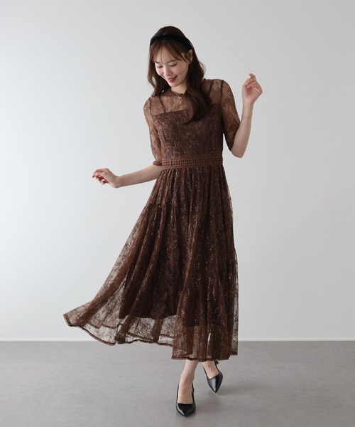 BLUEEAST(ブルーイースト)の「スパンコール刺繍レースドレス 結婚式 成人式 二次会 同窓会 セレモニー パーティードレス オケージョンドレス お呼ばれ(ドレス・レディース・ブラウン/チャコールグレー・LARGE/MEDIUM/SMALL)」の4枚目の写真