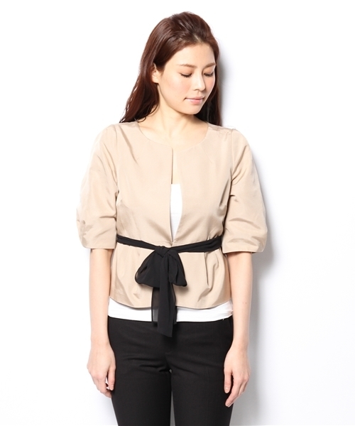 Demi-Luxe BEAMS（デミルクス ビームス）の「Demi-Luxe BEAMS / リボン付 グログランジャケット（ノーカラージャケット・レディース・ブラック/ベージュ・38/36）」の3枚目の写真