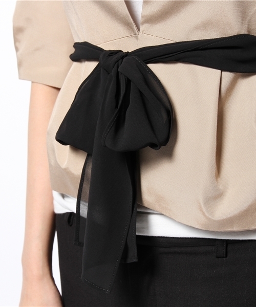 Demi-Luxe BEAMS（デミルクス ビームス）の「Demi-Luxe BEAMS / リボン付 グログランジャケット（ノーカラージャケット・レディース・ブラック/ベージュ・38/36）」の9枚目の写真