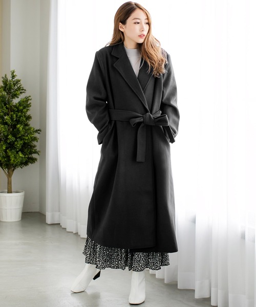 Julia Boutique（ジュリアブティック）の「ウエストリボンウールタッチシングルロングコート/510526（チェスターコート・レディース・ベージュ/ネイビー/グレー/オフホワイト/モカ/ライトベージュ/ブラック/グリーン系/パープル・ONE）」の3枚目の写真