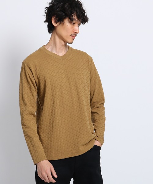 TAKEO KIKUCHI(タケオキクチ)の「【Sサイズ〜】紗綾型柄リンクス Vネック プルオーバー(Tシャツ/カットソー)」|ブラウン系その他