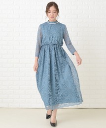 総レース ウエストゴム ハイネックロングワンピース・ドレス