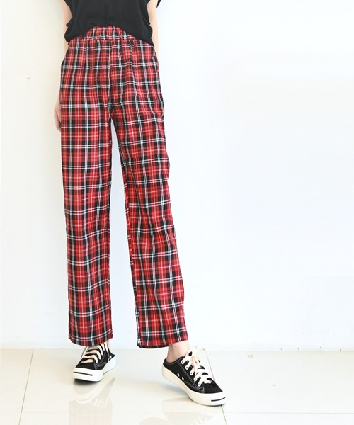 me+em select（ミームセレクト）の「チェックワイドイージースラックス（スラックス・レディース・ブラック/パープル/レッド/グリーン・FREE）」の4枚目の写真