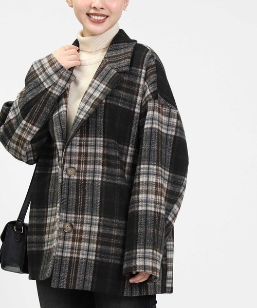 HONEYSUCKLE ROSE（ハニーサックルローズ）の「【HONEYSUCKLE ROSE】チェックショートチェスターコート（チェスターコート・レディース・ベージュ/ブラック×グリーン・L/M）」の2枚目の写真
