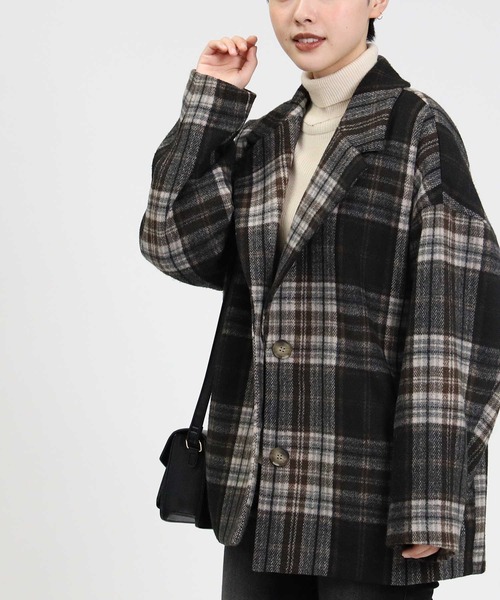 HONEYSUCKLE ROSE（ハニーサックルローズ）の「【HONEYSUCKLE ROSE】チェックショートチェスターコート（チェスターコート・レディース・ベージュ/ブラック×グリーン・L/M）」の6枚目の写真