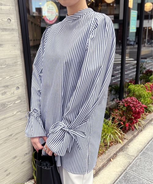 StyleSea(スタイルシー)の「2wayストライプキャンディスリーブブラウス(シャツ/ブラウス・レディース・ホワイト系/アイボリー系/ベージュ系/ネイビー×ホワイト・MEDIUM)」の9枚目の写真