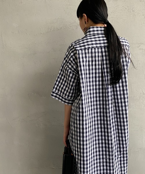 【新品】ダントン DANTON コットン 半袖シャツワンピース ギンガムチェック DANTON ギンガムチェック コットン 半袖シャツワンピース 36 ブルー