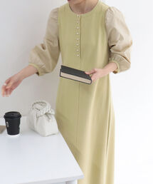 パールボタン袖ボリュームワンピース