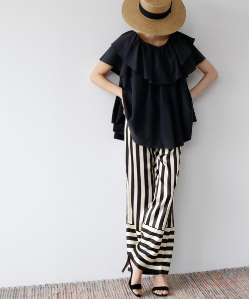 ELFRANK（エルフランク）の「ストライプサテンワイドパンツ（その他パンツ・レディース・ブラック・FREE）」の7枚目の写真