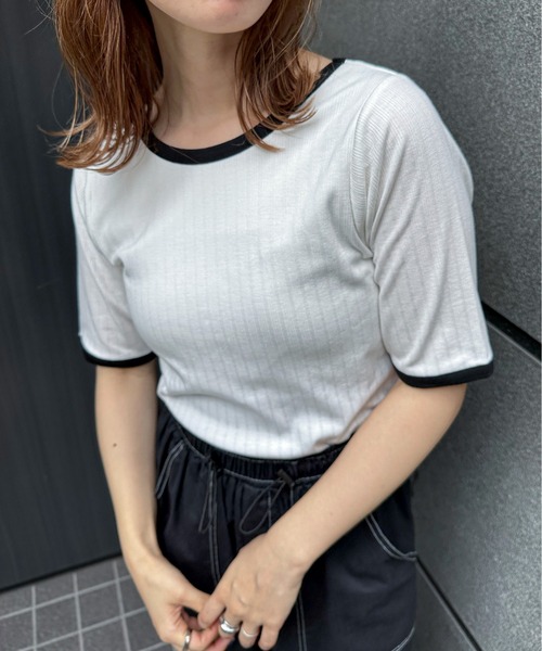feepur(フェピュール)の「カップ付アソートリンガーTee(Tシャツ/カットソー・レディース・ブラック/オフホワイト/ピンク/ブルー/ホワイト×ブラック・MEDIUM)」の2枚目の写真