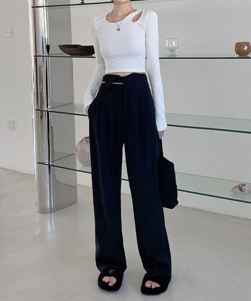 me+em select（ミームセレクト）の「※【 S/M/L/XLサイズ展開 】パイピングラインワイドベルトタックルーズスラックス（スラックス・レディース・グレー/ブラック/ホワイト/ブラウン・X-LARGE/SMALL/MEDIUM/LARGE）」の6枚目の写真