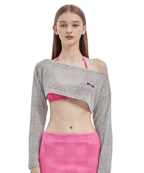 CRANK（クランク）の「【CRANK/クランク】BOATNECK CROP KNITWEAR/ボートネック クロップ ニットウェア サマーニット クロップ丈 レイヤード（ニット/セーター・レディース・スカイブルー/ベージュ/グレー・ONE SIZE）」の4枚目の写真