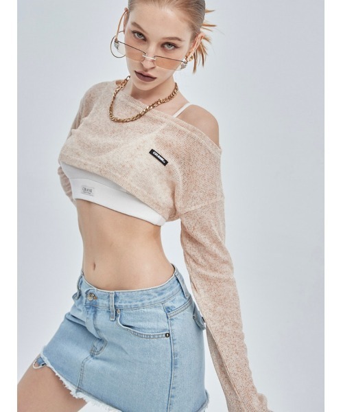 CRANK（クランク）の「【CRANK/クランク】BOATNECK CROP KNITWEAR/ボートネック クロップ ニットウェア サマーニット クロップ丈 レイヤード（ニット/セーター・レディース・スカイブルー/ベージュ/グレー・ONE SIZE）」の9枚目の写真