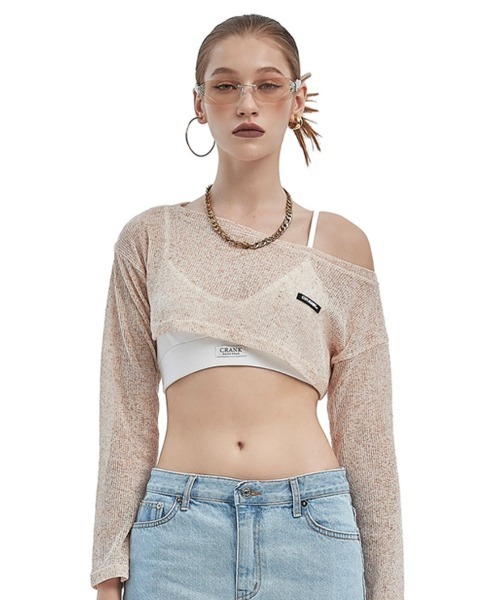 CRANK（クランク）の「【CRANK/クランク】BOATNECK CROP KNITWEAR/ボートネック クロップ ニットウェア サマーニット クロップ丈 レイヤード（ニット/セーター・レディース・スカイブルー/ベージュ/グレー・ONE SIZE）」の10枚目の写真