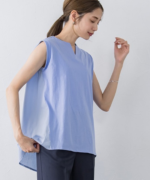 Pierrot（ピエロ）の「異素材切り替えキーネックカットソー（Tシャツ/カットソー・レディース・ブラック/オフホワイト/ブルー・M/L）」の3枚目の写真