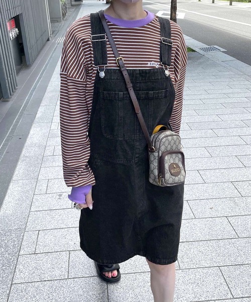 Alley by w closet(アリーバイダブルクローゼット)の「【Alley】サロペットミニスカート(ジャンパースカート・レディース・パープル/ブラック・FREE)」の2枚目の写真