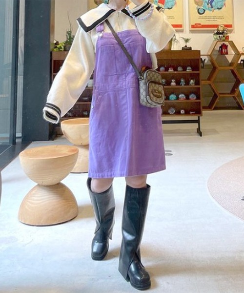 Alley by w closet(アリーバイダブルクローゼット)の「【Alley】サロペットミニスカート(ジャンパースカート・レディース・パープル/ブラック・FREE)」の8枚目の写真