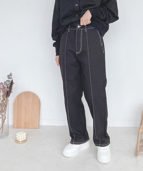 AS KNOW AS plus（アズノゥアズプラス）の「♪フラッシャー付 ハイウエストデニム セミワイドパンツ（デニムパンツ・レディース・ブラック/カーキ/アイボリー/ケミカルウォッシュ/ホワイト系/ブラック系/モカ/サックスブルー/ホワイト系その他/ブラック系その他/グリーン系その他/ブルー系1/ホワイト系1/ピンク/アイボリー系・FREE）」の7枚目の写真