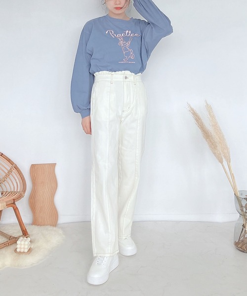 AS KNOW AS plus（アズノゥアズプラス）の「♪フラッシャー付 ハイウエストデニム セミワイドパンツ（デニムパンツ・レディース・ブラック/カーキ/アイボリー/ケミカルウォッシュ/ホワイト系/ブラック系/モカ/サックスブルー/ホワイト系その他/ブラック系その他/グリーン系その他/ブルー系1/ホワイト系1/ピンク/アイボリー系・FREE）」の19枚目の写真