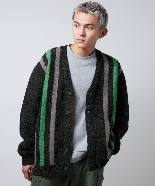 NYUDROP（ニュードロップ）の「【NYUDROP】SHAGGY KNIT STRIPE CARDIGAN / シャギーニット ストライプカーディガン（カーディガン/ボレロ・メンズ・ブラック/ダークグリーン/イエロー/パープル・M/L/XL）」の5枚目の写真