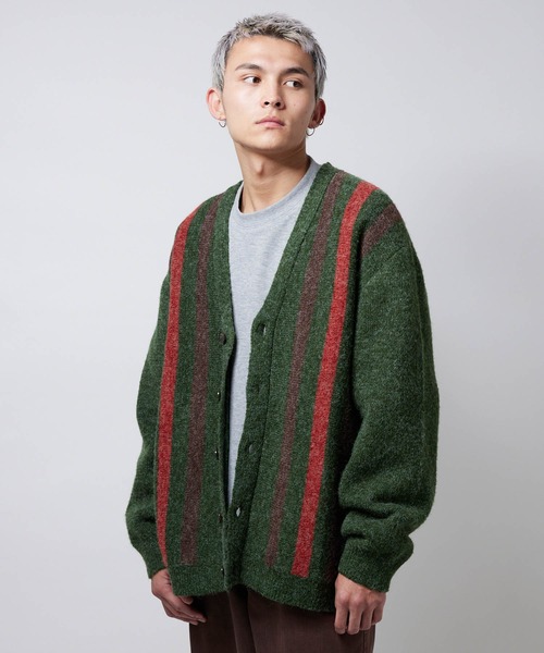 NYUDROP（ニュードロップ）の「【NYUDROP】SHAGGY KNIT STRIPE CARDIGAN / シャギーニット ストライプカーディガン（カーディガン/ボレロ・メンズ・ブラック/ダークグリーン/イエロー/パープル・M/L/XL）」の13枚目の写真